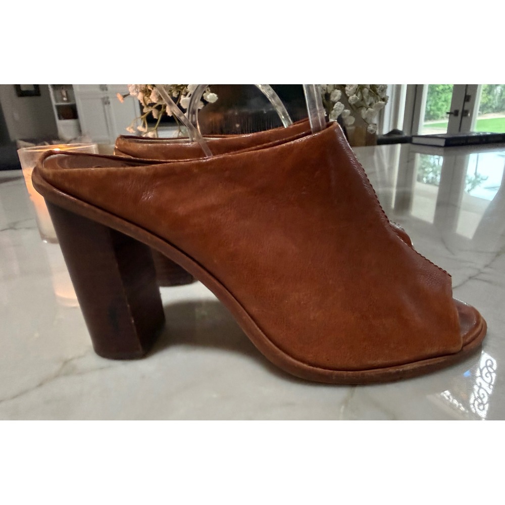 Louise et Cie Womens Cognac Brown Leather Peep Toe Block Heel Mules Size 7M 37